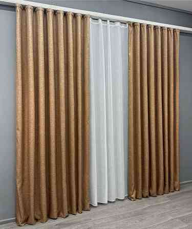 Комплект штор VR-Textil льон преміум ELEMENTA 150х270 2шт і Тюль 600х270 1865ш-115т світло-коричневий з білим 71-071/5 Київ