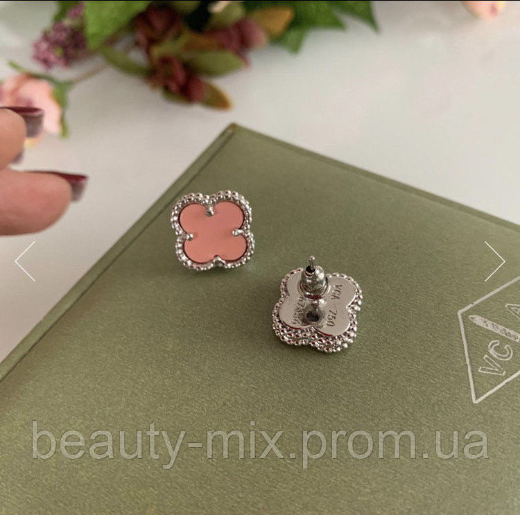 Vancleef серьги розовые гвоздики  клевер Ван Клиф, покрытие серебро и белое золото AU 750 Одесса - изображение 4