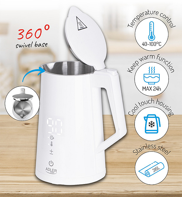 Електрочайник Adler AD 1345 white 1850-2200Вт/ 1.7л/ STRIX/ встановлення температури/ Вінниця - фото 10