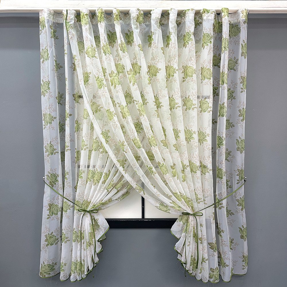 Кухонные шторки VR-Textil № 101к с подвязками Белый с салатовым 320х170 см (52-1210) Киев - изображение 1