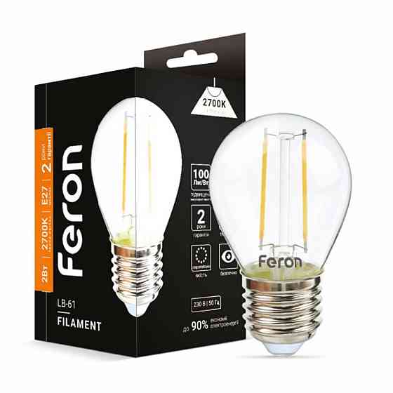Світлодіодна лампа Feron Filament LB-61 2Вт E27 2700K прозора Харків