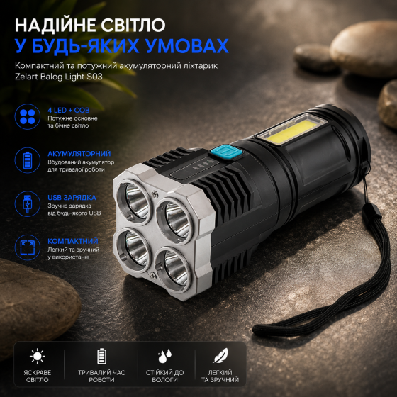 Ліхтарик ручний світлодіодний Zelart Balog Light S03 (4 LED + COB): Компактний, акумуляторний, USB Київ