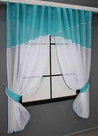 Кухонные шторы VR-Textil № 091к с ламбрекеном и подвязками лазурный с белым 280х170 см (50-374) Киев