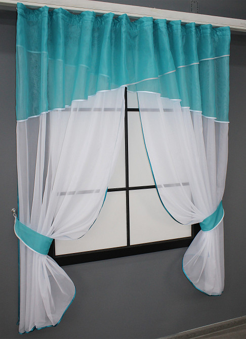 Кухонные шторы VR-Textil № 091к с ламбрекеном и подвязками лазурный с белым 280х170 см (50-374) Киев - изображение 2