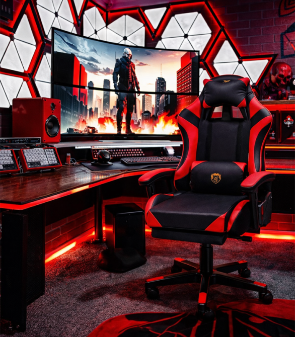 Геймерське крісло Primaveo з ергономічними подушками та висувною підставкою для ніг, Чорний/Червоний Київ - фото 9