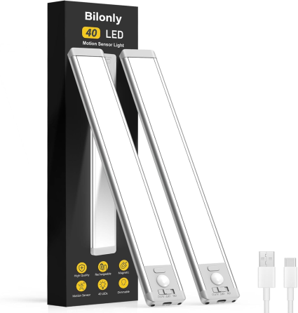 Акумуляторні LED-світильники Bilonly 25 см 2 шт., 40 LED, датчик руху 120°, 1800 мАг, USB-C, 5 рівнів яскравості Київ