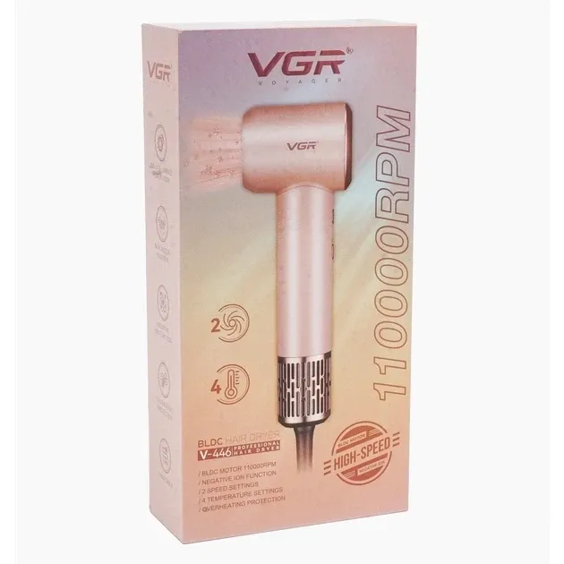 Фен для волосся VGR V-446 PINK: BLDC 110000 об/хв, іонізація, 1400 Вт, 350 г, 6 режимів, LED та магнітна насадка Одеса - фото 8