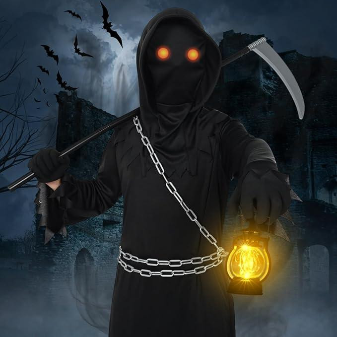 Моторошний дорослий костюм Жнеця Смерті з LED-окулярами, косою, маскою та аксесуарами на Гелловін, карнавал Київ - фото 7