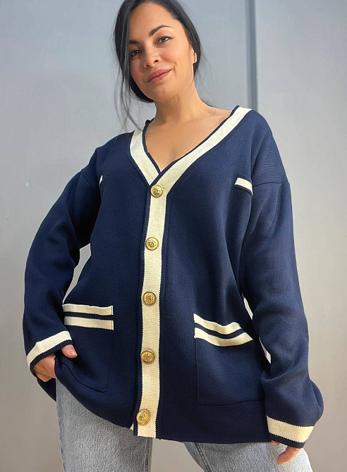 Кардиган жіночий ENJOY 001 золоті гудзики подовжений оверсайз з кишенями, темно-синій, one size Київ - фото 1