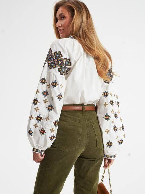 Женская современная вышиванка с объемным рукавом домотканый лен Белый, 46 Одесса - изображение 2