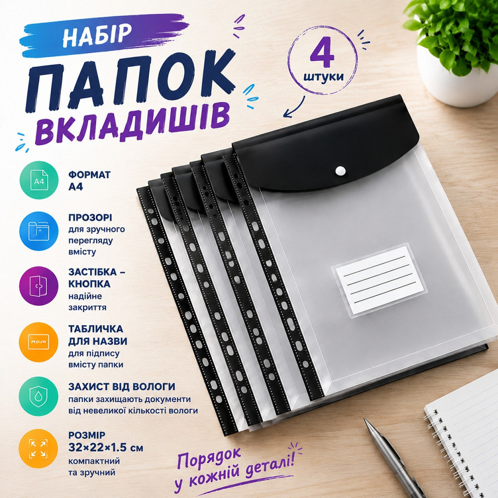 Набор папок-файлов с кнопкой для документов 4 шт формат А4 папка-конверт для фолдера папки-органайзеры прозрачные, черный Каменец-Подольский - изображение 1
