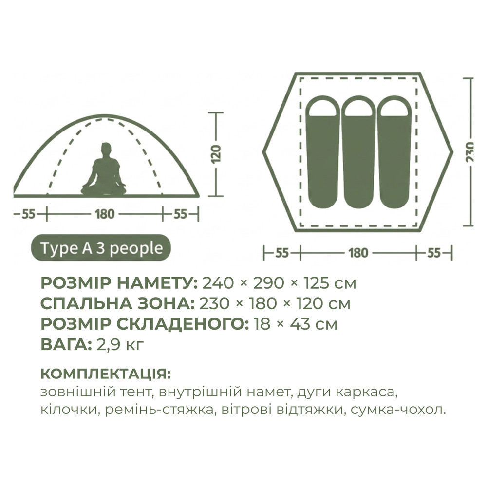 Намет тримісний Naturehike Bleik Series Tent CNK2550WS038, зелений Киев - изображение 10