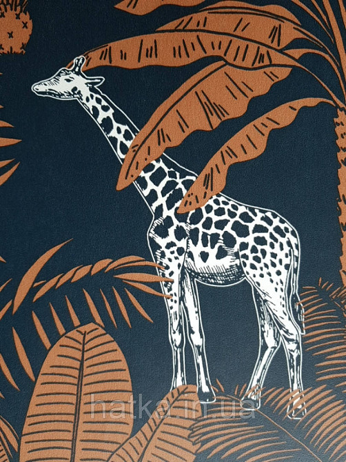 Шпалери флізелінові дитячі Caselio Our Planet джунглі рослини тварини слони, тигри жирафи папуги на синьому Київ - фото 4