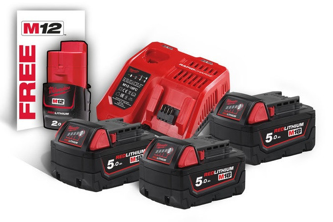 Энергокомплект Li-Ion MILWAUKEE, M18 NRG-503 (зарядное устройство M12-18FC, 3 аккумулятора M18 В5 5Аг) + подарок аккумулятор M12 B Одесса - изображение 1
