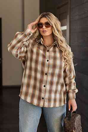 Жіноча сорочка в клітинку оверсайз "Wise" | Норма і батал Бежевий, 50-52 Київ