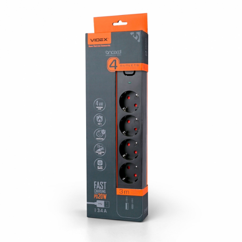 Фільтр мережевий 4 розетки/1USB-A/1Type-C QC+PD 3м із заземленням з кнопкою чорний VF-PD43G1QC1PD-B  Житомир - изображение 1