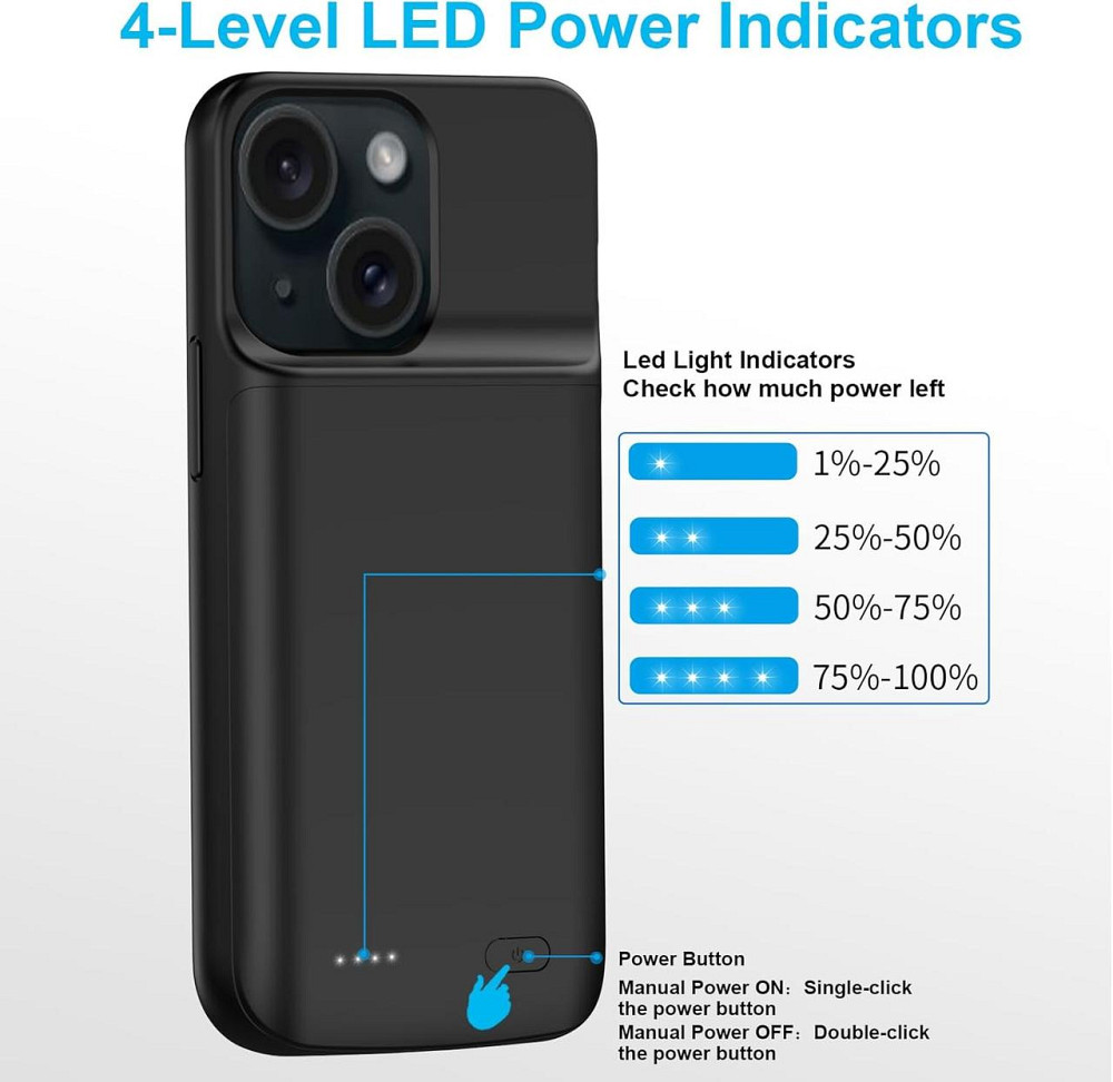 Чехол-аккумулятор MIGAFEI для iPhone 15/15 Pro 6,1″, PowerBank 7000 мА·ч, зарядка 2-в-1, черный Киев - изображение 14