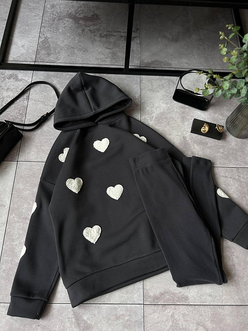 Жіночий теплий прогулянковий костюм-двійка з сердечками тринитка на флісі + ангора рубчик Графіт, 50/52 Одеса - фото 6