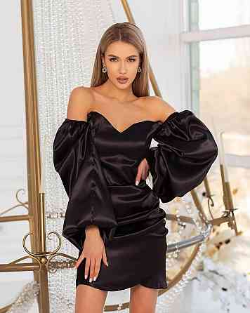 Жіноче святкове мініплаття з пишним рукавом королівський атлас Чорний, 42 Одеса