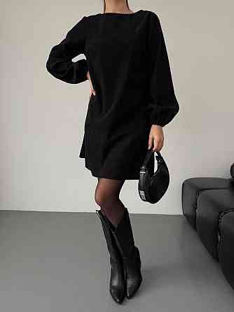 Женское базовое платье свободного кроя с объемными рукавчиками микровельвет Черный, 42/44 Одесса