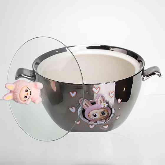 Бульйонниця порцелянова Labubu з кришкою та ручками 800 (мл) Ø15 (см) дитяча тарілка для супу та локшини Сріблястий з рожевим SBR Київ