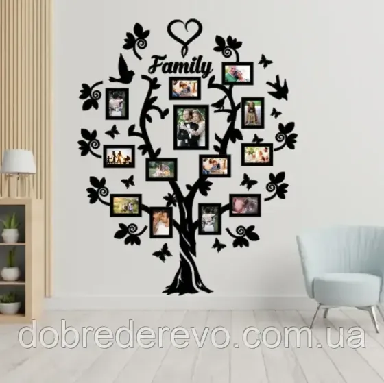 Семейное дерево сердце на 13 фото рамок, Родовое дерево wooden heart Вижница