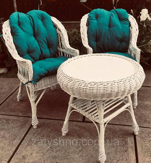 Білі плетені меблі з накидками|  Комплект плетених меблів білих | меблі з лози з журнальним сто Київ - фото 1