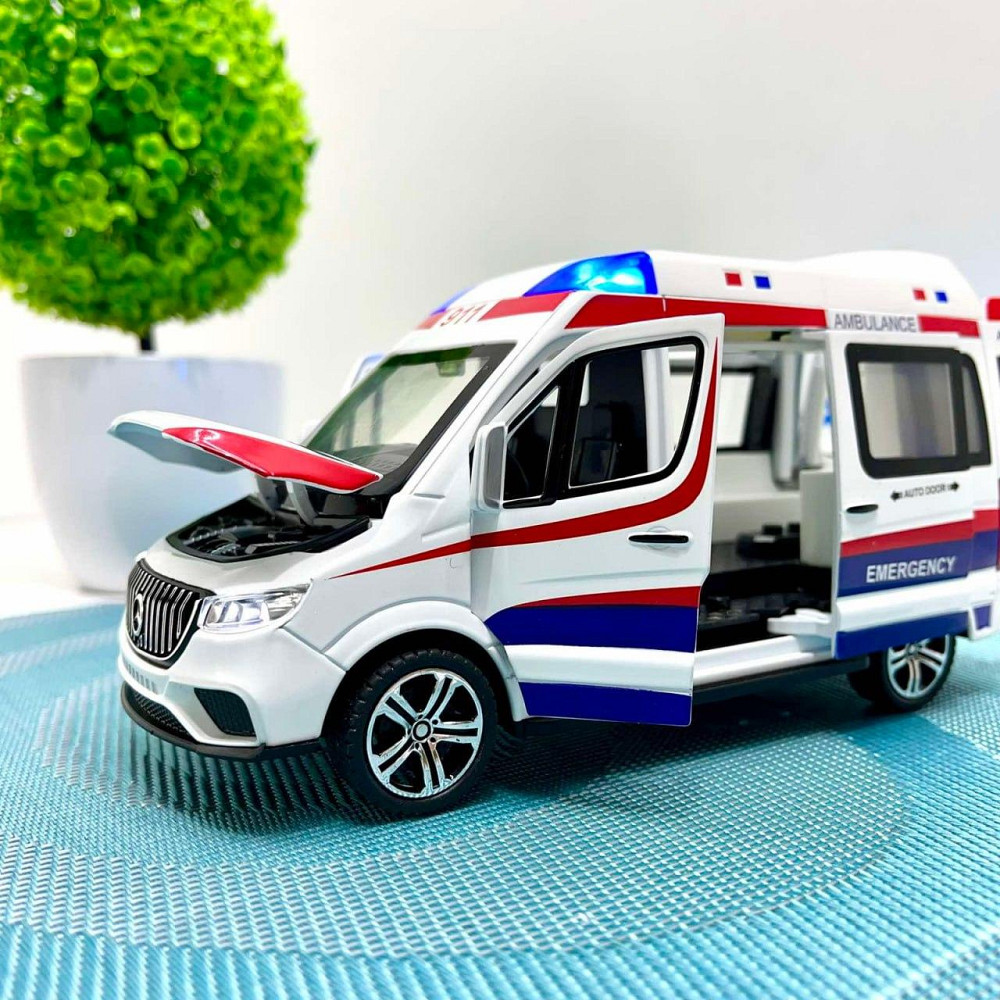 Машинка Mercedes Sprinter Швидка допомога металопластик звук підсвічування інерція відчиняються двері ігрові фігурки Біла (2408 C) Чернігів - фото 7