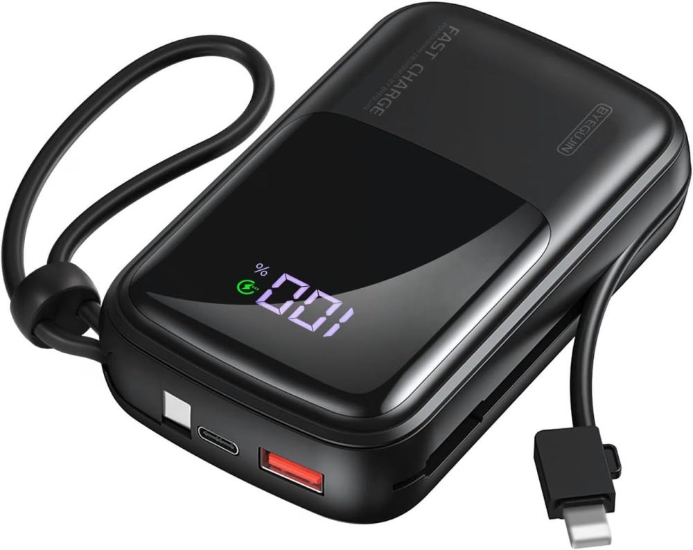 Повербанк BYEGUJIN 20000 мАг 22,5 Вт, швидка зарядка PD/QC, 2 вбудовані кабелі USB-C/Lightning, LCD-дисплей, чорний Київ - фото 2