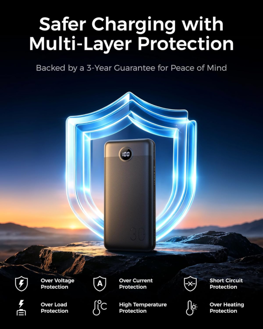 Павербанк VEGER V3008/L30 30000 мАг 20 Вт PD QC 3.0, 4 виходи, USB-C, цифровий дисплей, швидка зарядка, чорний Київ - фото 8