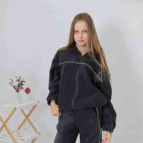 Дитячий флісовий теплий костюм на зиму (толстовка на затяжках + штани з кантом) Графіт 116 Кам'янець-Подільський