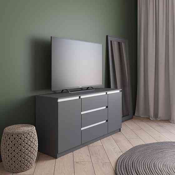 Комод під телевізор VAYS R-15 Антрацит-Білі планки, 3 шухляди та 2 відділення з полицями, без ручок, ЛДСП, 140×40×75 см - для спальні, вітальні Львів