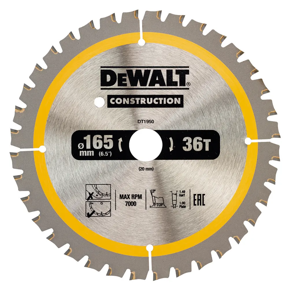 Диск пильний CONSTRUCTION DeWALT DT1950 : 165 х 20, 36Т, 7000 об/хв, ширина розпилу 1.86 мм, товщина полотна 1 мм Київ - фото 1