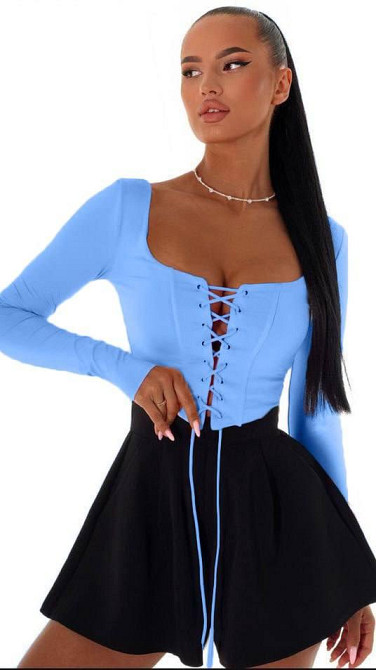 Стильний жіночий топ зі шнурівкою на декольте OSплотний мікродайвінг Блакитний, 54/56 Одеса - фото 2