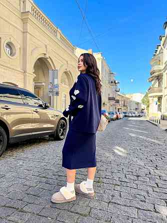 Жіночий теплий костюм-двійка з сердечками дрібне машинне в'язання Темно-синій Одеса