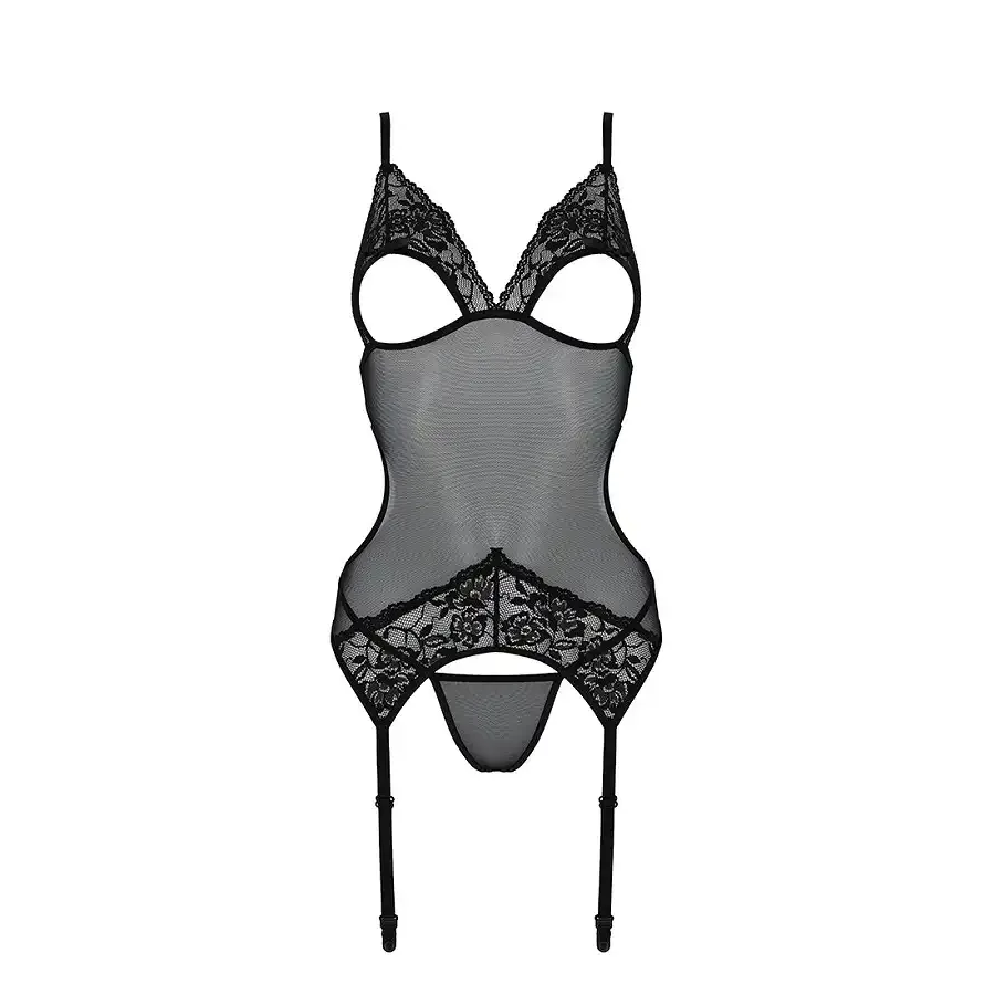 Корсет із підв’язками та ажурним ліфом Passion CHRISTA CORSET S/M, black, стрінги в комплекті Львів - фото 5