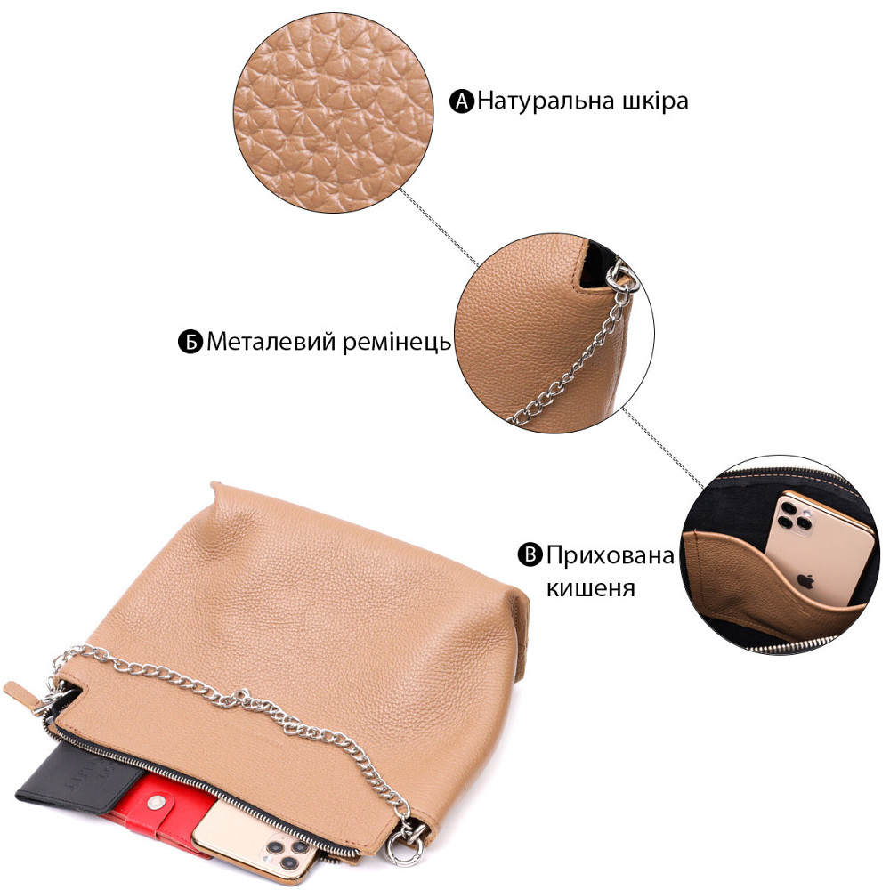 Лаконичная вместительная сумка для женщин из натуральной кожи GRANDE PELLE 11696 Бежевая Киев - изображение 4