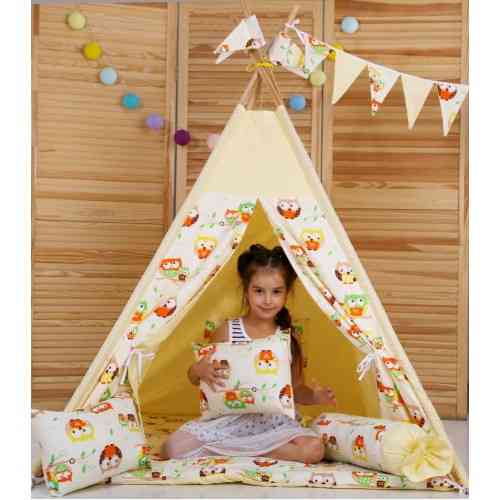 Вігвам Хатка комплект Бежеві Сови з подушкою — Стандарт 115*115 см Київ