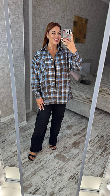 Женская оверсайз рубашка в клетку турецкая фланель Шоколад, 50/56 Одесса - изображение 5