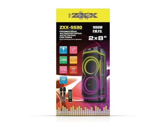 Акустична переносна колонка ZXX-5530 80Вт 2x8" TWS/FM/USB/TF/BT/REC/LED/2MIC/ДК Київ