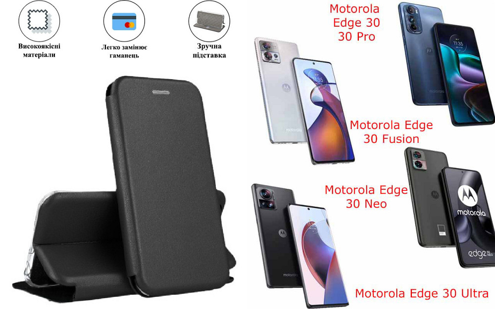 Чехол-книжка с силиконом для Motorola Edge 30, 30 Neo, 30 Pro, черный Киев - изображение 1
