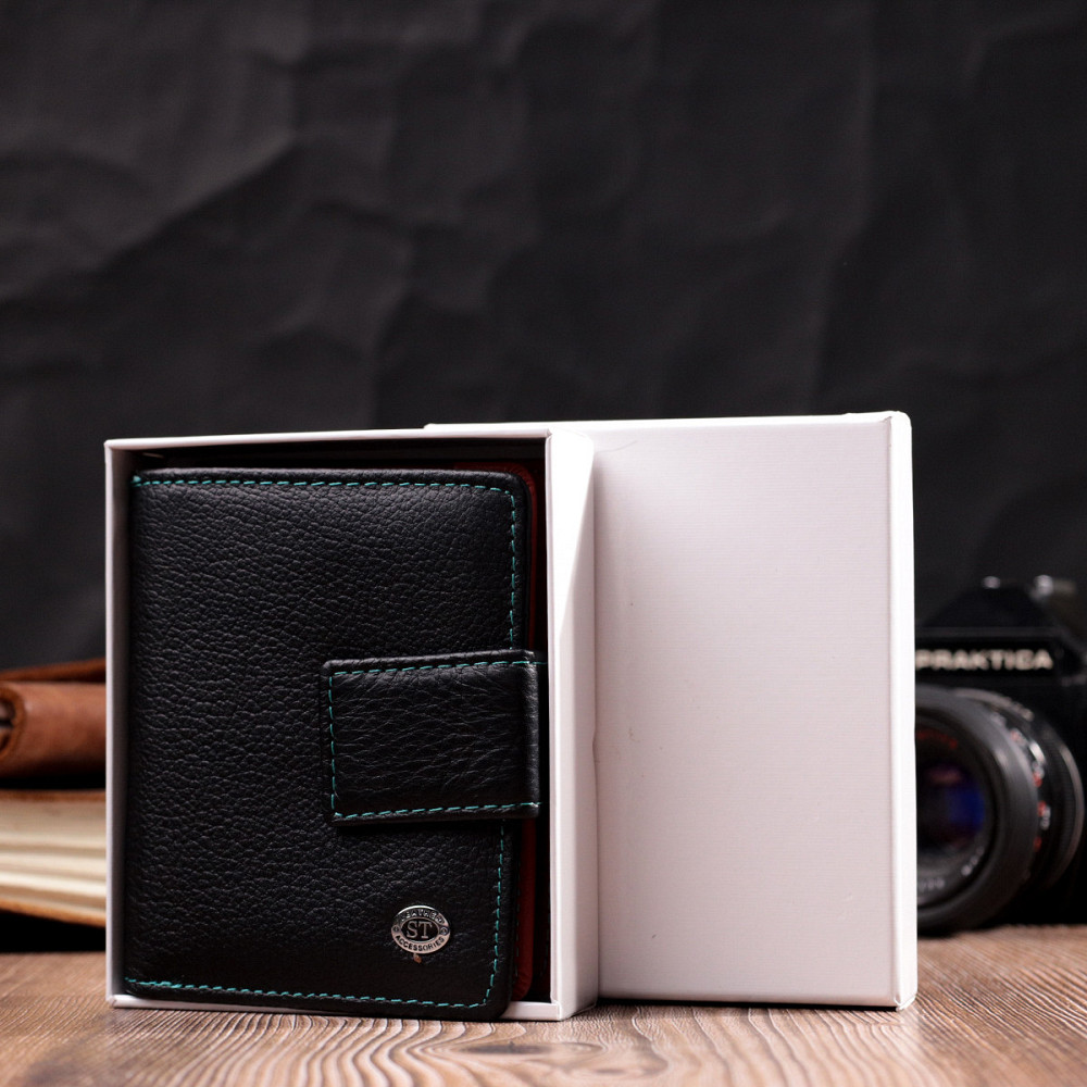 Вертикальний невеликий жіночий гаманець із натуральної шкіри ST Leather 19436 Чорний Київ - фото 1