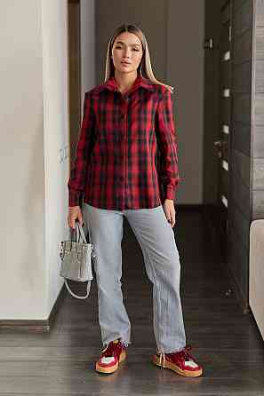 Жіноча сорочка в клітинку оверсайз "Wise" | Батал Червоний, 50-52 Київ