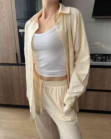 Женский стильный повседневный костм двойка лен- коттон полоска Желтый, 42/46 Одесса