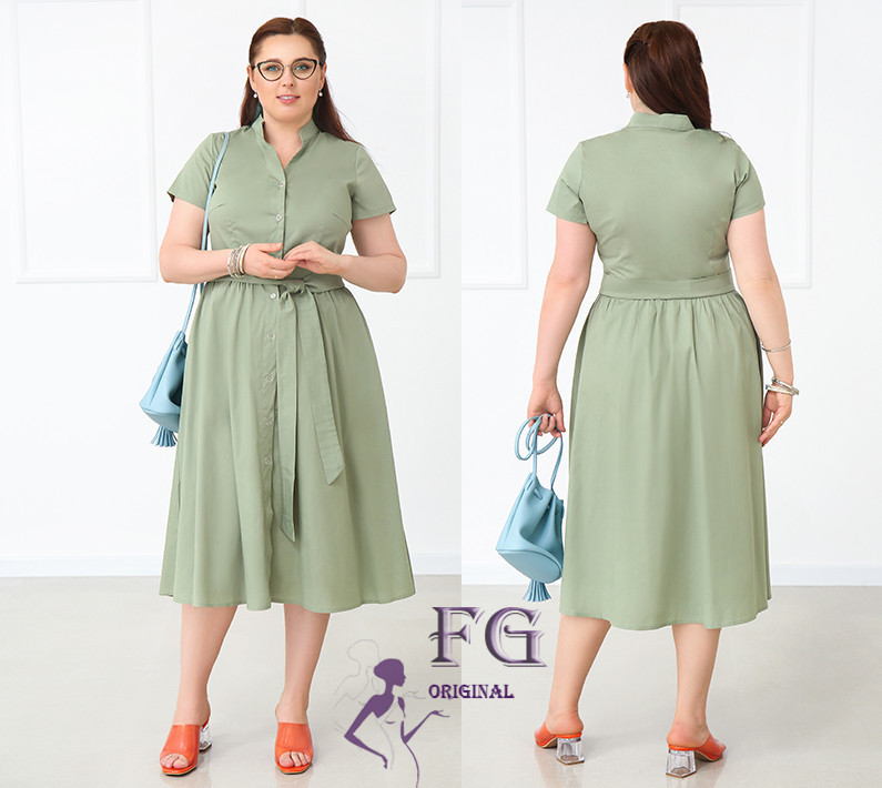 Довга котонова сукня на гудзиках "Lesley" оптом | Батал Фісташковий, 50-52 Київ - фото 1