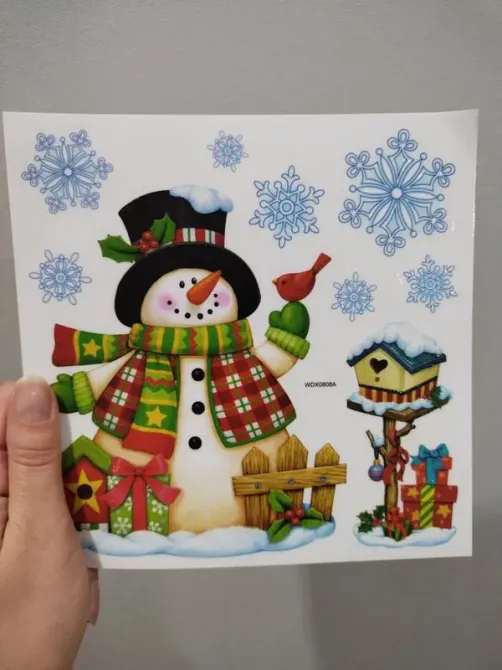 Різдвяні наклейки на вікна "Сніговик та сніжинки" - розмір наклейки 18*18см, силікон Київ - фото 1