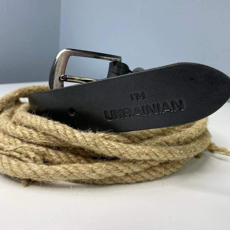 Ремінь чоловічий з натуральної шкіри для джинсів, шкіряний пояс з тисненням I`m Ukrainian, чорнийMasterSem Київ - фото 4