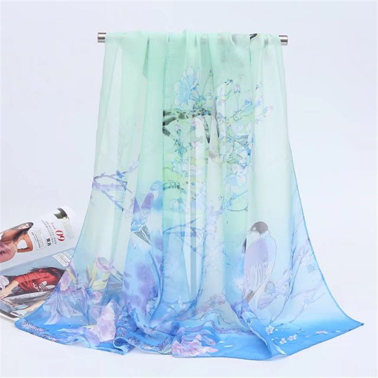 Шифоновый шарф с принтом птиц 145 на 48 см салатово-голубой Киев - изображение 1