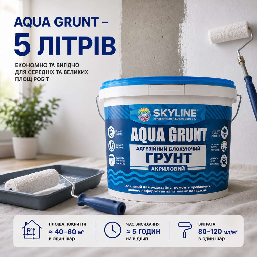 Ґрунтовка акрилова адгезійна блокувальна Skyline Aqua Grunt, біла, без запаху, для фарбованих поверхонь, 5 л Харків - фото 11