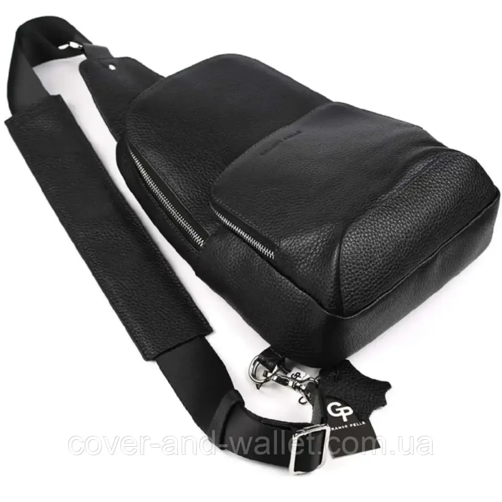 Мужская нагрудная сумка слинг из натуральной кожи черного цвета Grande Pelle 723710 Киев - изображение 4